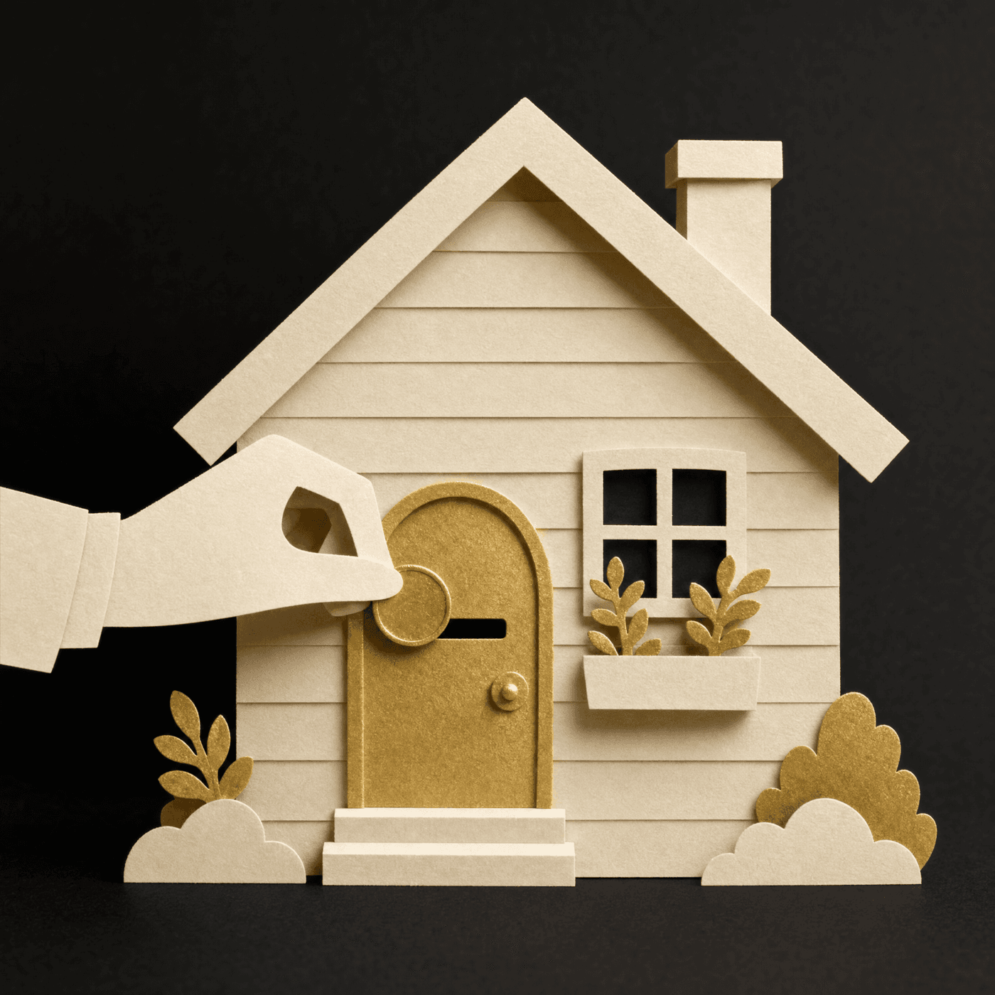 A gold coin posted into a cozy paper house door