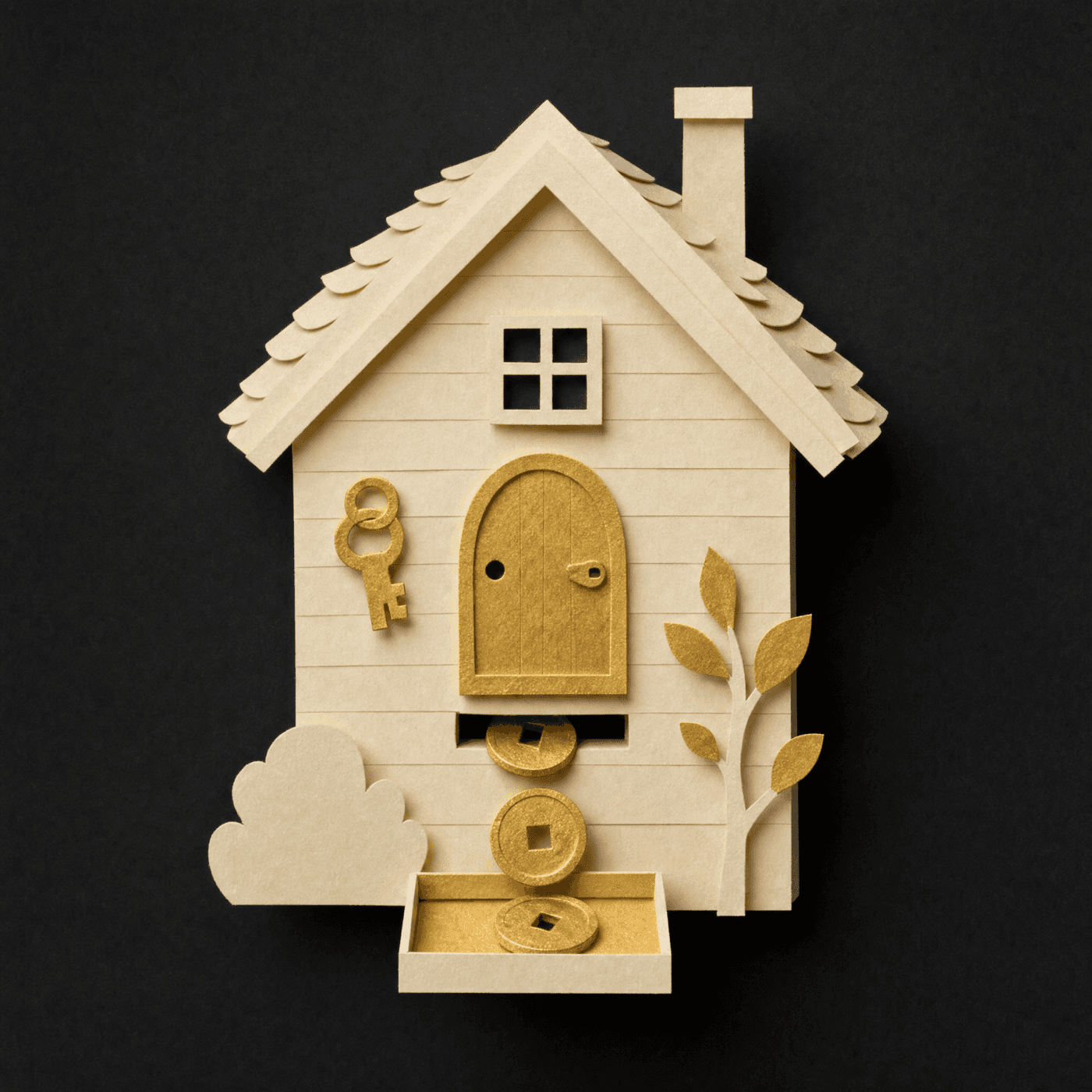 A cozy paper house paying rent through a coin mailbox