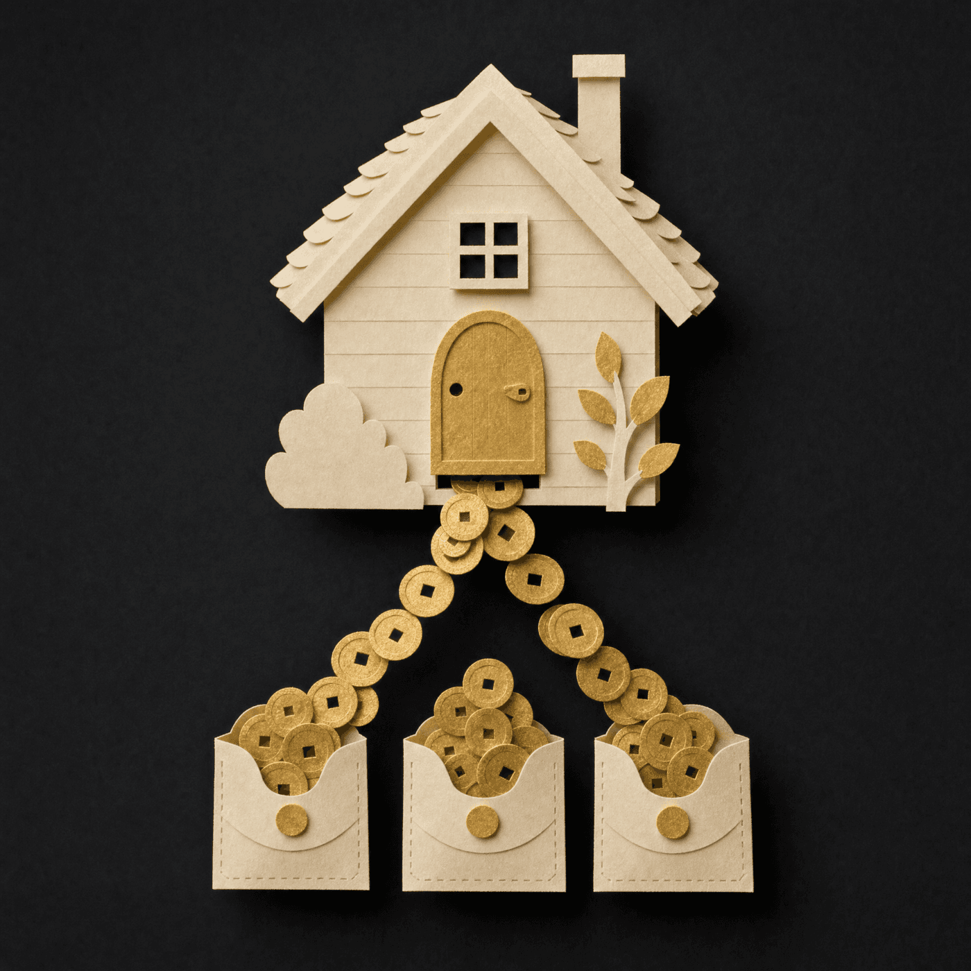 Gold coins streaming from a paper house into holder wallet pouches